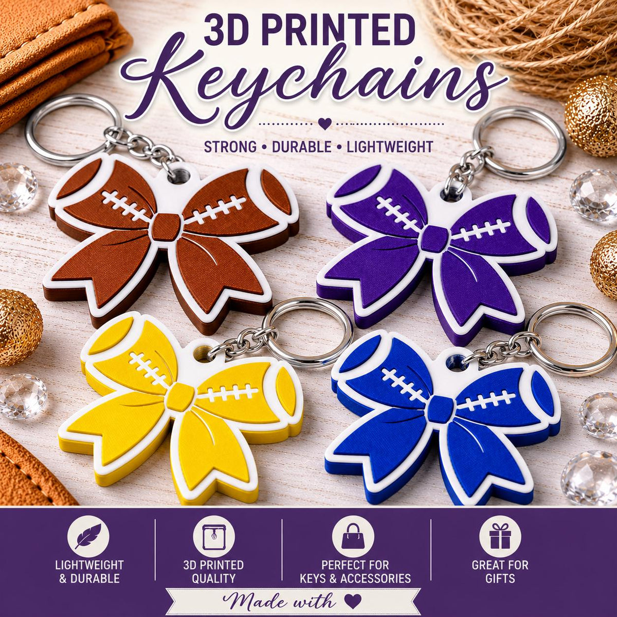 personalized 3D printed- Football Bow Keychain